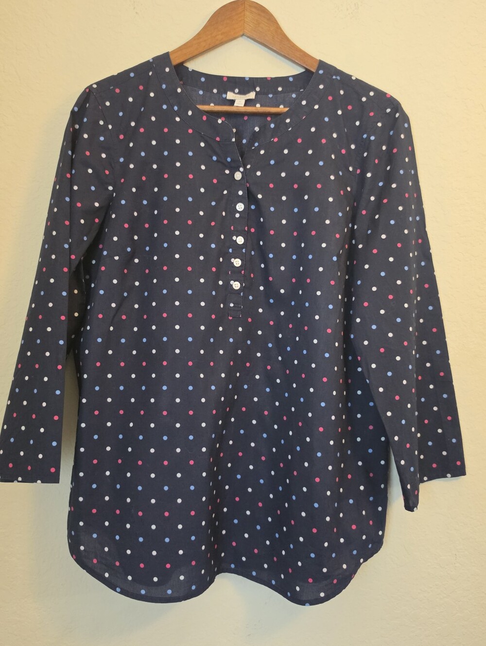 Talbots Tunic Blouse Womens Medium Navy Red White Blue Polka Dots Old Money Chic